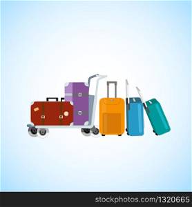 Passengers Baggage Transporting on Airport Luggage Cart Cartoon Vector Illustration. Handbags and Bags on Wheels with Telescopic Handles Collection. Family Travel, Touristic Voyage or Tour Concept