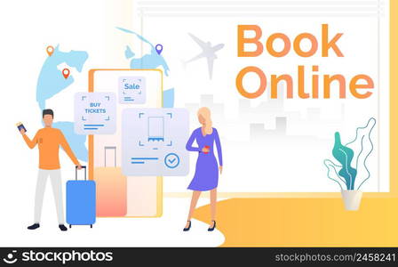 Passengers holding baggage and smartphone. Flight, mobile app, tourism. Booking online concept. Vector illustration can be used for banners, poster, presentation slide