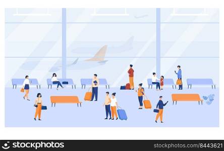 Passengers inside airport building with large panoramic windows flat vector illustration. Cartoon character waiting plane, sitting on benches, walking with baggage. Transport and tourism concept