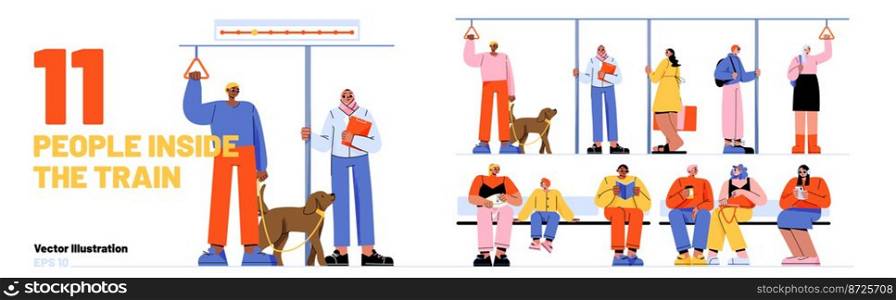 Passengers inside subway train car. Diverse people standing and sitting in railway wagon, man with dog, young couple, muslim girl, characters with book and phone, vector flat illustration. Passengers inside subway train car