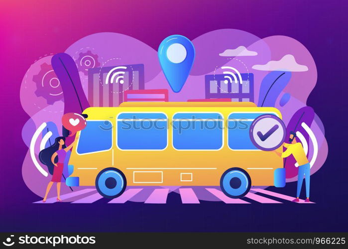 Passengers like and approve autonomos robotic driverless bus. Autonomous public transport, self-driving bus, urban transport services concept. Bright vibrant violet vector isolated illustration. Autonomous public transport concept vector illustration.