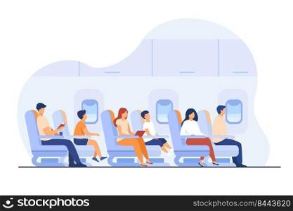Passengers traveling by plane isolated flat vector illustration. Cartoon characters on airplane or aircraft board. Airline transportation, flight and tourism concept