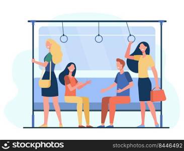 Passengers traveling by subway train. City people sitting and standing in carriage. Vector illustration for tube, metro, transport, commuting concept