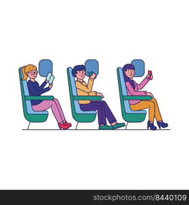 Passengers travelling by plane flat vector illustration. Travelers sitting near airplane window and waiting for air trip. Airline, tourism and journey concept