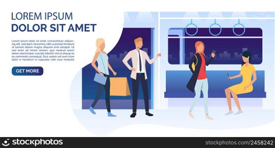 Passengers using smartphones, holding bags in train carriage. Public transport concept. Vector illustration can be used for presentation, posters, landing pages
