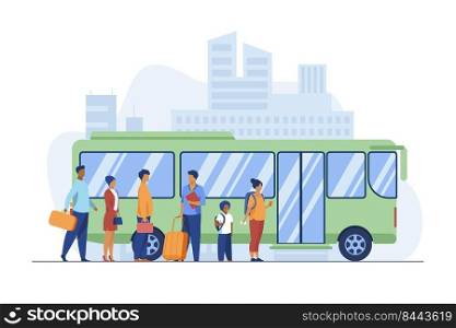 Passengers waiting for bus in city. Queue, town, road flat vector illustration. Public transport and urban lifestyle concept for banner, website design or landing web page