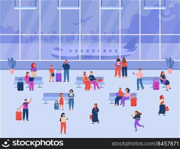 Passengers waiting for flight in airport. Male and female characters sitting, talking, working, walking in waiting area flat vector illustration. Travel, plane, transport concept