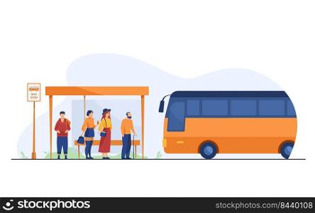 Passengers waiting for public transport at bus stop flat vector illustration. Cartoon characters using auto. Transportation and conveyance concept.