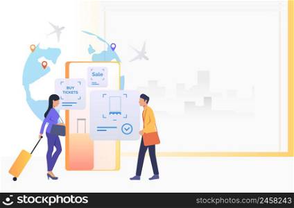 Passengers walking in airport. Globe, planes, buying tickets button. Booking online concept. Vector illustration can be used for topics like mobile app, holiday, travel