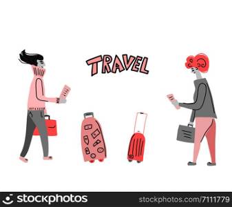 Passengers with luggage and letering. Characters in flat style. Hand drawn vector voyagers with travel elements isolated on white background. Color illustration.