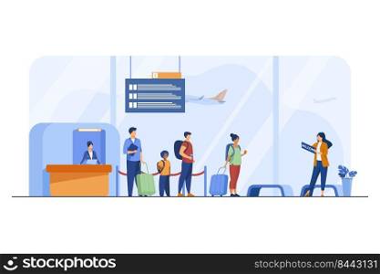 Passengers with luggage in airport flat illustration. Landing, travel, arrival. Travelling concept can be used for presentations, banner, website design, landing web page