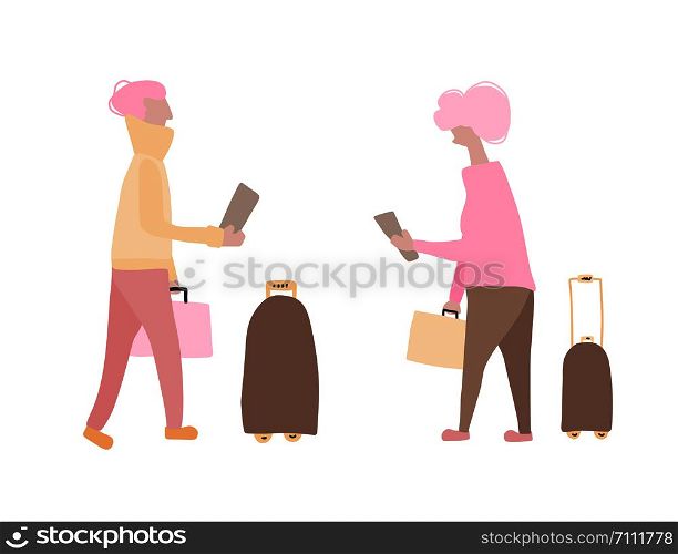 Passengers with luggage. Man and woman character in flat style. Hand drawn vector boy and girl with travel elements isolated on white background. Color illustration.