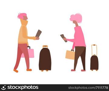 Passengers with luggage. Man and woman character in flat style. Hand drawn vector boy and girl with travel elements isolated on white background. Color illustration.