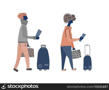 Passengers with luggage. Woman and man character in flat style. Hand drawn vector girl and boy in airport terminal with travel elements isolated on white background. Color illustration. Flat design.