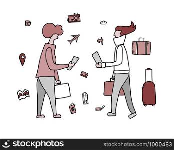 Passengers with luggage. Woman character in doodle style. Hand drawn vector girl with travel elements isolated on white background. Color illustration.