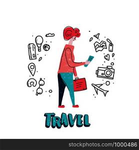 Passengers with luggage. Woman character in flat style. Hand drawn vector girl with travel elements isolated on white background. Color illustration.