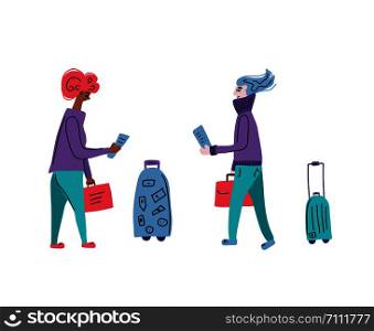 Passengers with luggage. Woman character in flat style. Hand drawn vector girls with travel elements isolated on white background. Color illustration.