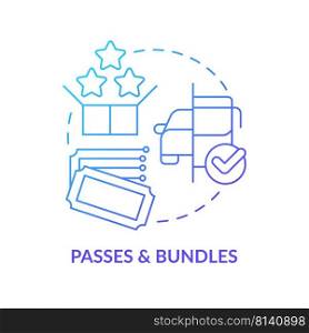 Passes and bundles blue gradient concept icon. Alternative offer for customers. Maas integration level abstract idea thin line illustration. Isolated outline drawing. Myriad Pro-Bold font used. Passes and bundles blue gradient concept icon