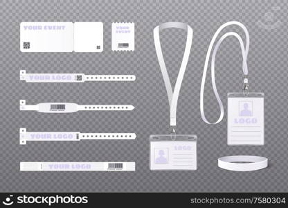 Passes for events members id cards wristbands access tickets selection blank realistic set transparent background vector illustration