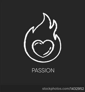 Passion chalk white icon on black background. Intense positive emotion. Affection and lust. Sexual drive. Desire from libido. Eager and attraction. Isolated vector chalkboard illustration. Passion chalk white icon on black background