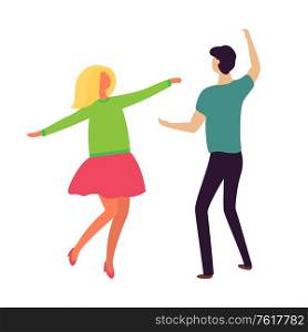 Passion dance of young couple boyfriend and girlfriend isolated. Vector dancing people in cartoon style, blond lady in pink dress and guy in black trousers. Passion Dance of Young Couple Boyfriend Girlfriend