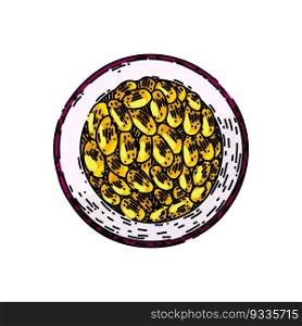 passion fruit cut hand drawn. maracuya half, juice tropical, passiflora ripe, fresh exotic, food seed passion fruit cut vector sketch. isolated color illustration. passion fruit cut sketch hand drawn vector