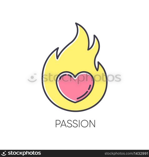Passion RGB color icon. Intense positive emotion. Affection and lust. Sexual drive. Desire from libido. Flaming heart. Eager and attraction. Romantic relationship. Isolated vector illustration. Passion RGB color icon