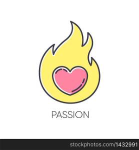 Passion RGB color icon. Intense positive emotion. Affection and lust. Sexual drive. Desire from libido. Flaming heart. Eager and attraction. Romantic relationship. Isolated vector illustration. Passion RGB color icon