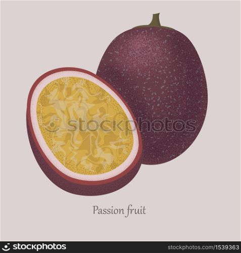 Passionfruit exotic ripe sweet fruit. Tropical fruit on a gray background, whole and half. Vector illustration, logo and isolated icon of passionfruit.. Passionfruit exotic ripe sweet fruit whole and half.