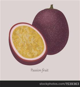 Passionfruit exotic ripe sweet fruit. Tropical fruit on a gray background, whole and half. Vector illustration, logo and isolated icon of passionfruit.. Passionfruit exotic ripe sweet fruit whole and half.