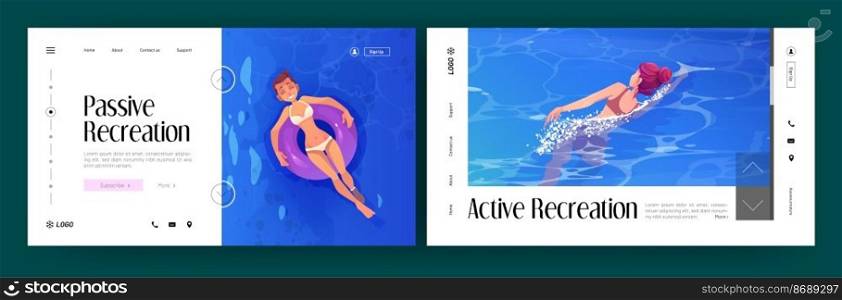 Passive and active recreation banners with girls swims in sea and floating on inflatable ring. Vector landing pages of relax and activity in water with cartoon illustrations of women swimming in ocean. Girls swims in sea and floating on inflatable ring