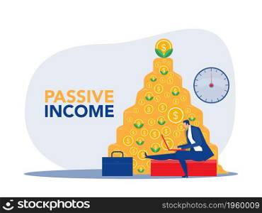 Passive income,businessman make money in front of a notebook as money background.vector Illustration