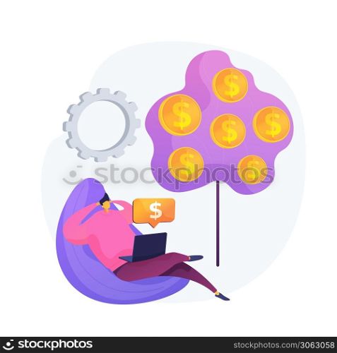 Passive income, easy making money, cash receipts. Profitable investment, financial scheme. Man with laptop, investor in armchair cartoon character. Vector isolated concept metaphor illustration.. Passive income vector concept metaphor.
