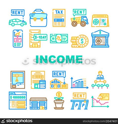 Passive Income Finance Earning Icons Set Vector. Car Rental And Delivery Of Special Transport Truck, Parking And House Rent Passive Income Line. Millionaire Bank Account Color Illustrations. Passive Income Finance Earning Icons Set Vector