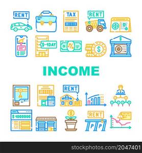 Passive Income Finance Earning Icons Set Vector. Car Rental And Delivery Of Special Transport Truck, Parking And House Rent Passive Income Line. Millionaire Bank Account Color Illustrations. Passive Income Finance Earning Icons Set Vector