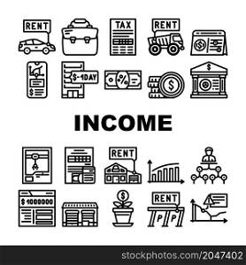Passive Income Finance Earning Icons Set Vector. Car Rental And Delivery Of Special Transport Truck, Parking And House Rent Passive Income Line. Millionaire Bank Account Black Contour Illustrations. Passive Income Finance Earning Icons Set Vector