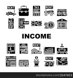 Passive Income Finance Earning Icons Set Vector. Car Rental And Delivery Of Special Transport Truck, Parking And House Rent Passive Income Glyph Pictograms Black Illustrations. Passive Income Finance Earning Icons Set Vector