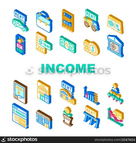 Passive Income Finance Earning Icons Set Vector. Car Rental And Delivery Of Special Transport Truck, Parking And House Rent Passive Income Isometric Sign Color Illustrations. Passive Income Finance Earning Icons Set Vector
