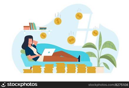 Passive income, woman resting on couch waiting for money to come in. Investment successful strategy. Deposit benefits. Falling golden coins, rich woman vector cartoon flat isolated financial concept. Passive income, woman resting on couch waiting for money to come in. Investment successful strategy. Deposit benefits. Falling golden coins, rich woman vector cartoon flat financial concept