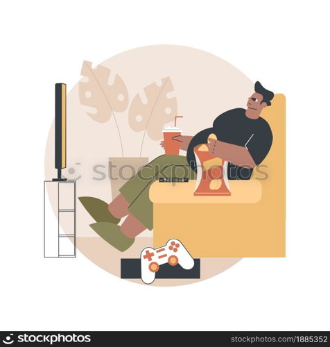 Passive lifestyle abstract concept vector illustration. Sedentary time spending, inactive lifestyle, eating junk food, watching soap operas, spend lazy day, passive income abstract metaphor.. Passive lifestyle abstract concept vector illustration.