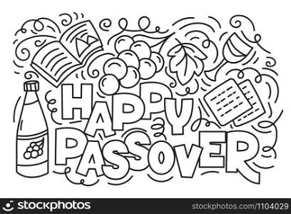 Passover greeting card (Jewish holiday Pesach). Hebrew text: happy Passover. Black and white vector illustration doodle style. Isolated on white background. Coloring book page. Jewish holiday Pesach