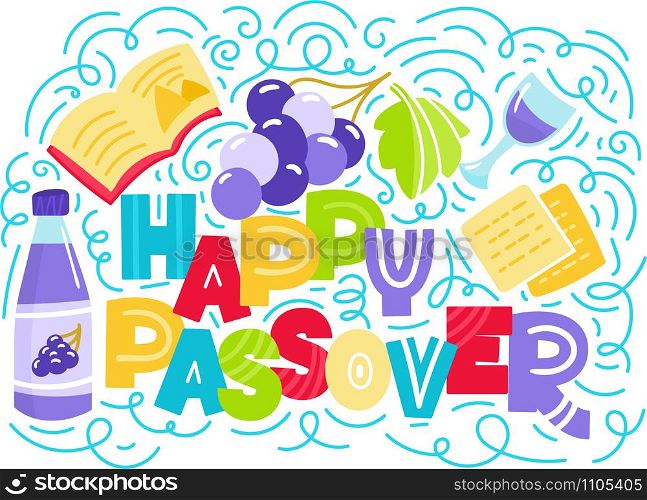 Passover greeting card Jewish holiday Pesach . Hebrew text: happy Passover. Doodle style vector illustration. Isolated on white background.. Jewish holiday Pesach