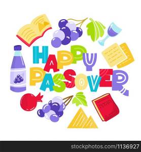 Passover greeting card Jewish holiday Pesach . Hebrew text: happy Passover. Doodle style vector illustration. Isolated on white background.. Jewish holiday Pesach