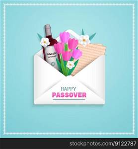 Passover greeting card or banner. Holiday symbols matzah, wine and spring flowers. Happy Passover in Hebrew. Vector Illustration.. Passover greeting card or banner. Holiday symbols matzah, wine and spring flowers. Happy Passover in Hebrew.