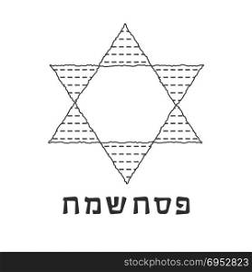 "Passover holiday flat design black thin line icons of matzot in star of david shape with text in hebrew "Pesach Sameach" meaning "Happy Passover"."