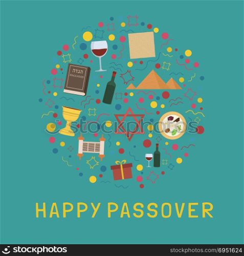 "Passover holiday flat design icons set in round shape with text in english "Happy Passover"."