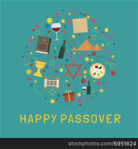 "Passover holiday flat design icons set in round shape with text in english "Happy Passover"."