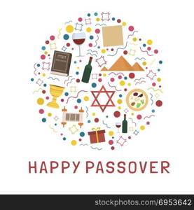 "Passover holiday flat design icons set in round shape with text in english "Happy Passover"."