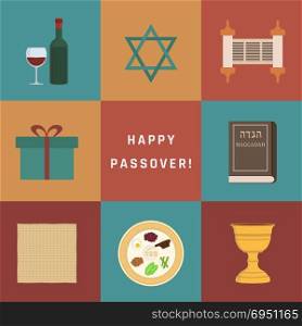 "Passover holiday flat design icons set with text in english "Happy Passover"."