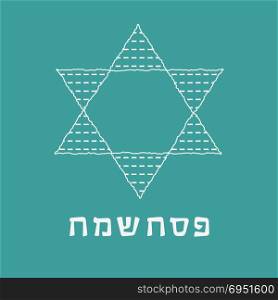 "Passover holiday flat design white thin line icons of matzot in star of david shape with text in hebrew "Pesach Sameach" meaning "Happy Passover"."